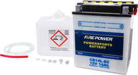 Fire Power CB14L-B2 12V heavy-duty battery with acid, shown with terminals and label for automotive or power storage use.