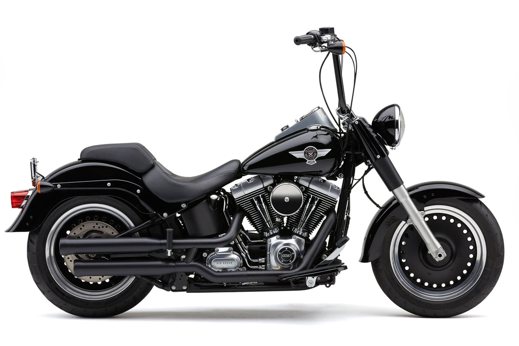 Black Cobra 3-inch NH Series slip-on exhaust for Fat Boy and DCE models, with chrome tips and durable metal construction.
