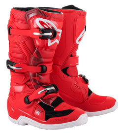 Alpine Star Tech 7s motorcycle boots in red with black accents, size 3, featuring sturdy construction and ankle protection.