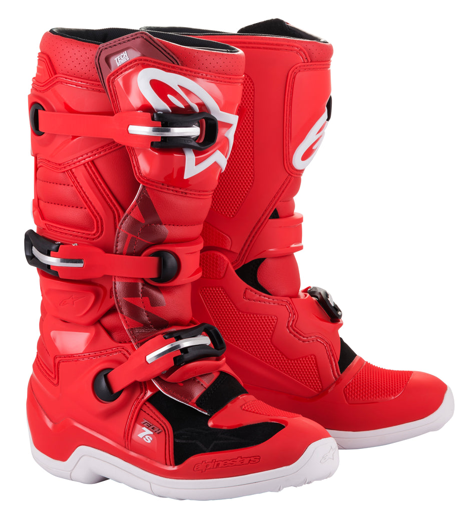 Alpine Star Tech 7s motocross boots in red, size 6, with sturdy design and secure fastenings for off-road riding.