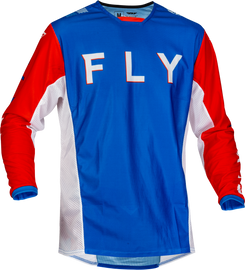 Fly Racing Kinetic Mesh S.E. Kore Jersey in red, white, and blue, size large, featuring breathable mesh fabric and bold design.