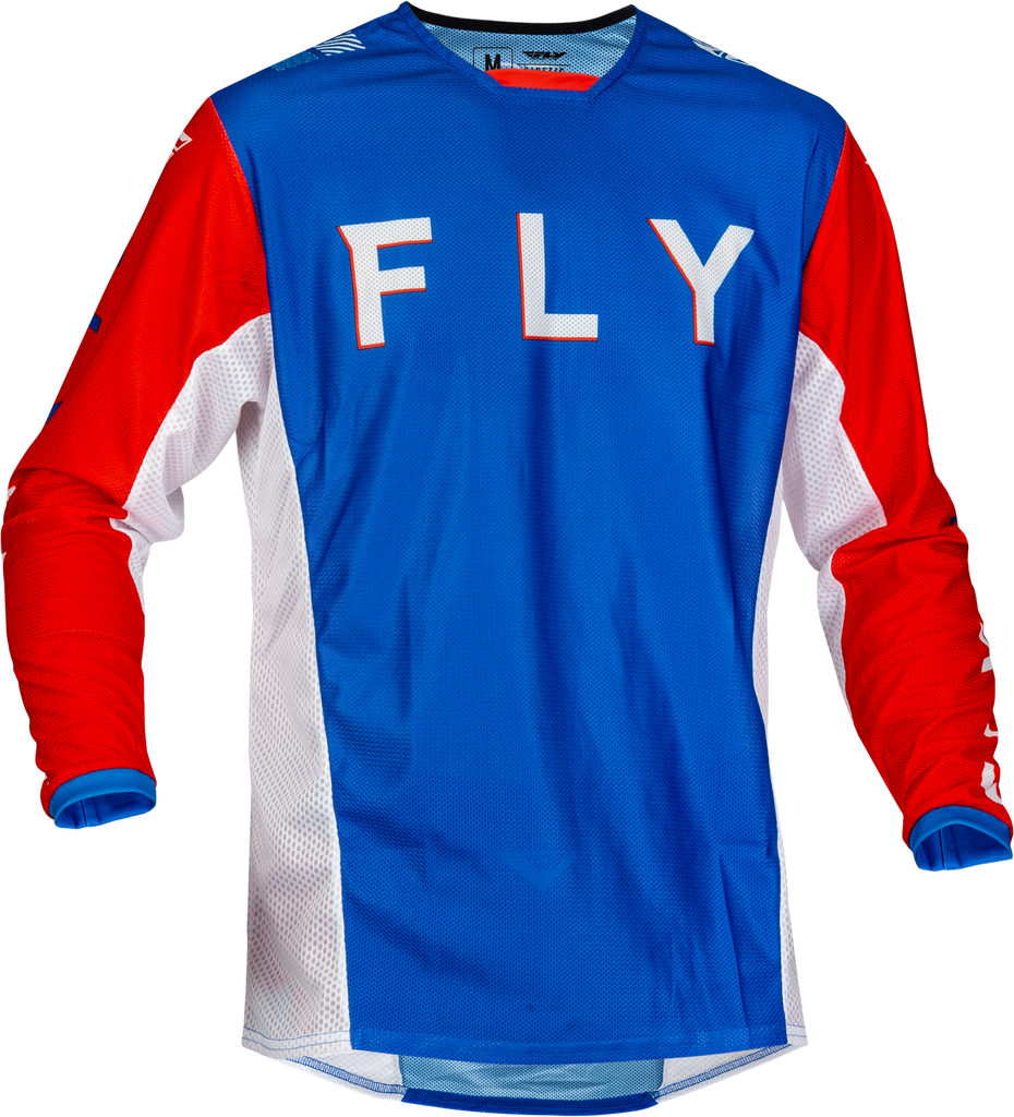 Fly Racing Kinetic Mesh S.E. Kore motocross jersey in red, white, and blue, featuring breathable mesh fabric and bold design.