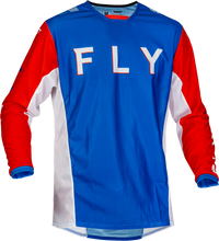 Load image into Gallery viewer, Fly Racing Kinetic Mesh S.E. Kore motocross jersey in red, white, and blue, featuring breathable mesh fabric and bold design.