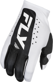 Fly Racing Lite Gloves in white and black, showcasing lightweight riding gloves with padded palms and adjustable wrist straps.