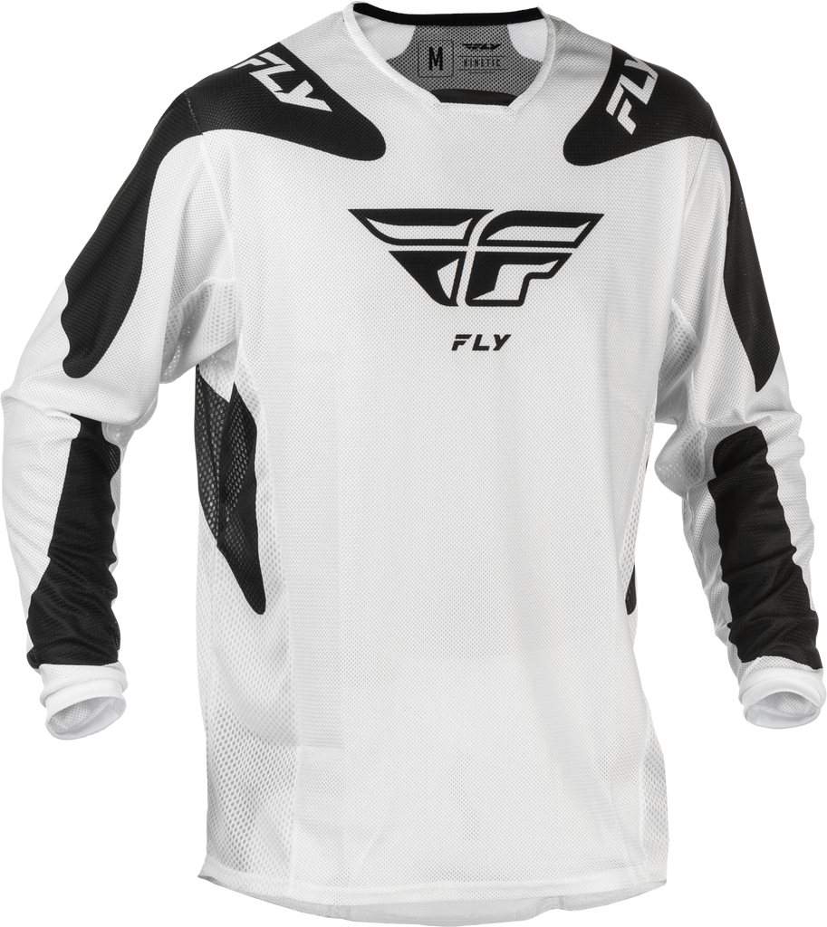 Fly Racing Kinetic Mesh Sym motocross jersey in white and black, XL size with breathable mesh fabric and sleek design.