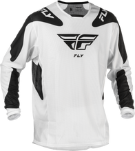 Load image into Gallery viewer, Fly Racing Kinetic Mesh Sym motocross jersey in white and black, XL size with breathable mesh fabric and sleek design.