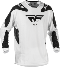 Fly Racing Kinetic Mesh Sym Jersey in white and black, men's medium, lightweight breathable motorcycle jersey with mesh panels.