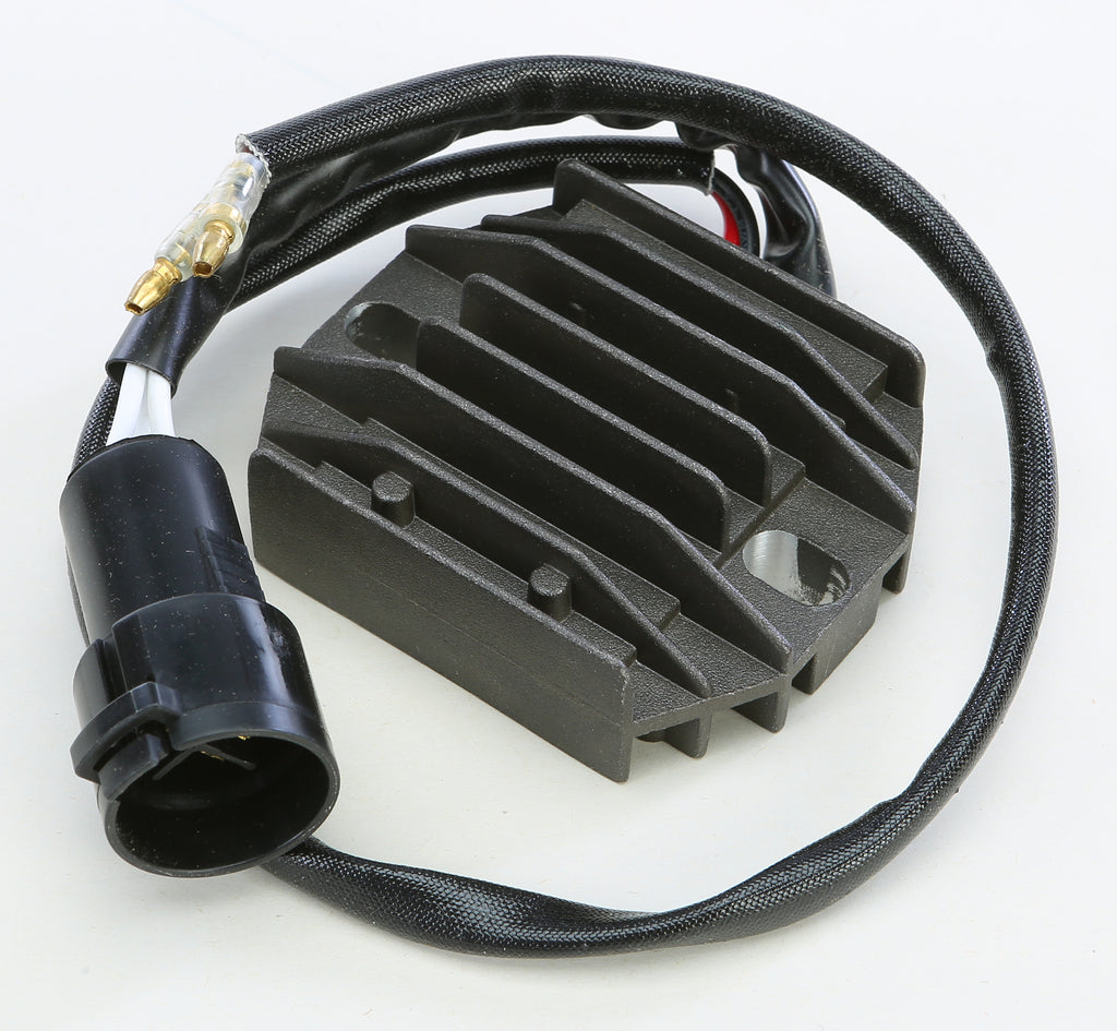 Ricks Motorsport Electric rectifier and regulator for motorcycle electrical systems, showing the compact metal unit with wiring connections.