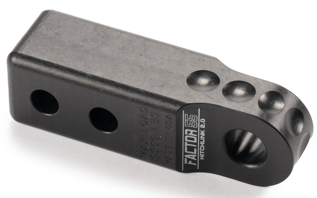 Factor 55 Hitchlink 2.0 receiver hitch, 2-inch black steel connector for off-road vehicle towing and recovery.