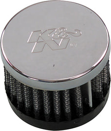 K&N Crankcase Vent Air Filter with chrome top, direct mount for engine ventilation, showcasing its durable construction and polished finish.