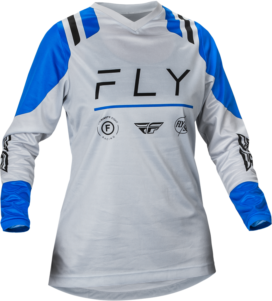 Fly Racing Women's F-16 Jersey in Arctic Grey and Blue, showing the lightweight, breathable motocross jersey with logo details.
