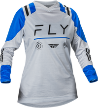 Load image into Gallery viewer, Fly Racing Women's F-16 Jersey in Arctic Grey and Blue, showing the lightweight, breathable motocross jersey with logo details.