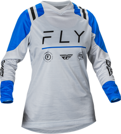 Fly Racing Women's F-16 Jersey in Arctic Grey and Blue, showing the lightweight, breathable motocross jersey with logo details.
