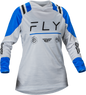 Fly Racing Women's F-16 Jersey in Arctic Grey and Blue, showing the lightweight, breathable motocross jersey with logo details.