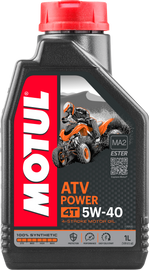 Motul ATV Power 4T 5W40 1L bottle of engine oil for all-terrain vehicles, showing the Motul brand label.