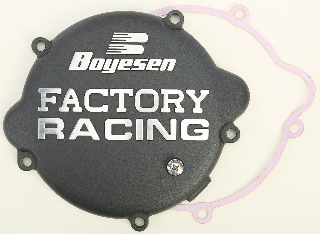 Boyesen Factory Racing Clutch Cover in black for motorcycles, showing the sleek, durable design with Boyesen branding.