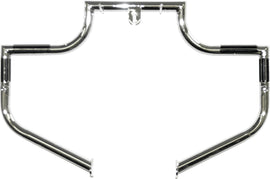 Lindby Engine Guard HD Twinbar FL Softail 2000-up body protection with chrome finish on a motorcycle engine guard.