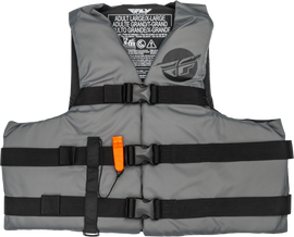 Fly Racing nylon flotation vest in grey and black, size large/X-large, worn by a rider for safety and buoyancy.