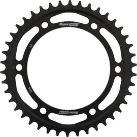 Supersprox steel rear sprocket 42-tooth for 530 chains, black finish, durable motorcycle sprocket with precision machining.