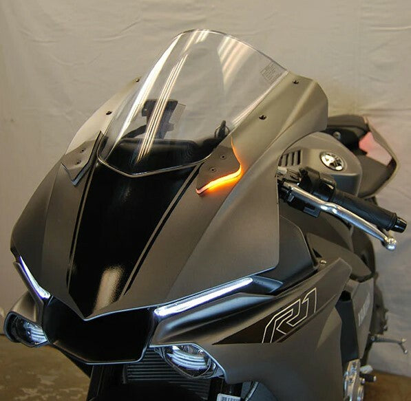 New Rage Cycles Mirror Block Off Turn Signals for Yamaha motorcycle, body-mounted with clear signal covers.