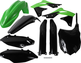 Acerbis full plastic kit in green with various plastic panels and components, designed for motorcycle or dirt bike customization.