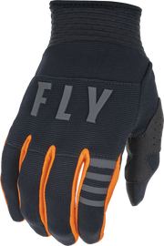Fly Racing F-16 gloves in black and orange, size small, with textured palm and adjustable wrist strap for motorcycle riding.