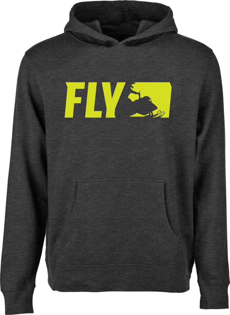 Fly Racing Fly Youth Primary Hoodie in charcoal, showing a close-up of the brand logo and soft fabric texture.