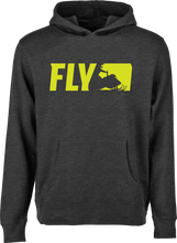 Load image into Gallery viewer, Fly Racing Fly Youth Primary Hoodie in charcoal, showing a close-up of the brand logo and soft fabric texture.