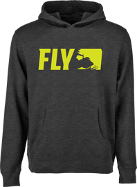 Fly Racing Fly Youth Primary Hoodie in charcoal, showing a close-up of the brand logo and soft fabric texture.