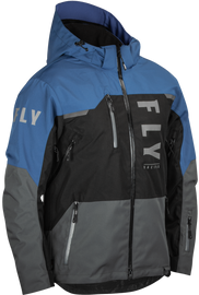 Fly Racing Carbon Jacket in black, grey, and blue, shown with detailed fabric and design features.