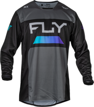 Load image into Gallery viewer, Fly Racing Kinetic Reload motocross jersey in charcoal, black, and blue iridium, featuring breathable fabric and bold design.