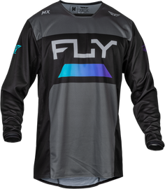 Fly Racing Kinetic Reload motocross jersey in charcoal, black, and blue iridium, featuring breathable fabric and bold design.