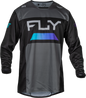 Fly Racing Kinetic Reload motocross jersey in charcoal, black, and blue iridium, featuring breathable fabric and bold design.