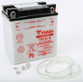 Yuasa YB10L-B conventional motorcycle battery with positive and negative terminals visible in the image.