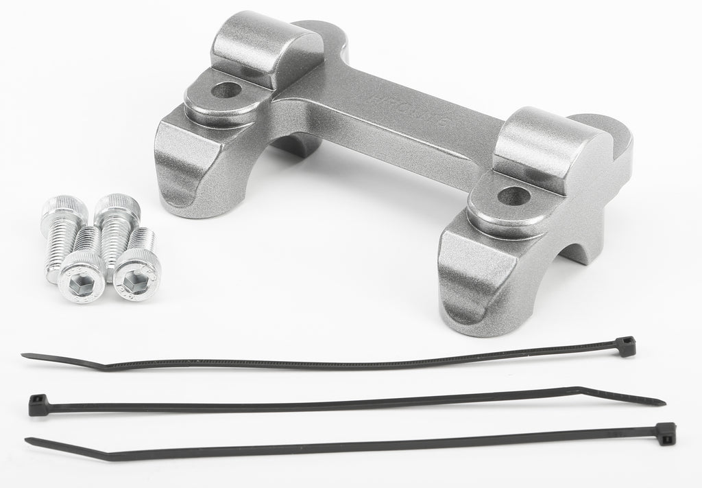 HeliBars handlebar risers 281-0211 mounted on motorcycle handlebars, showing the sturdy aluminum risers with bolt attachments.