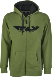 Fly Racing Fly Corporate olive zip-up hoodie in size medium, featuring a front zipper and casual fit.