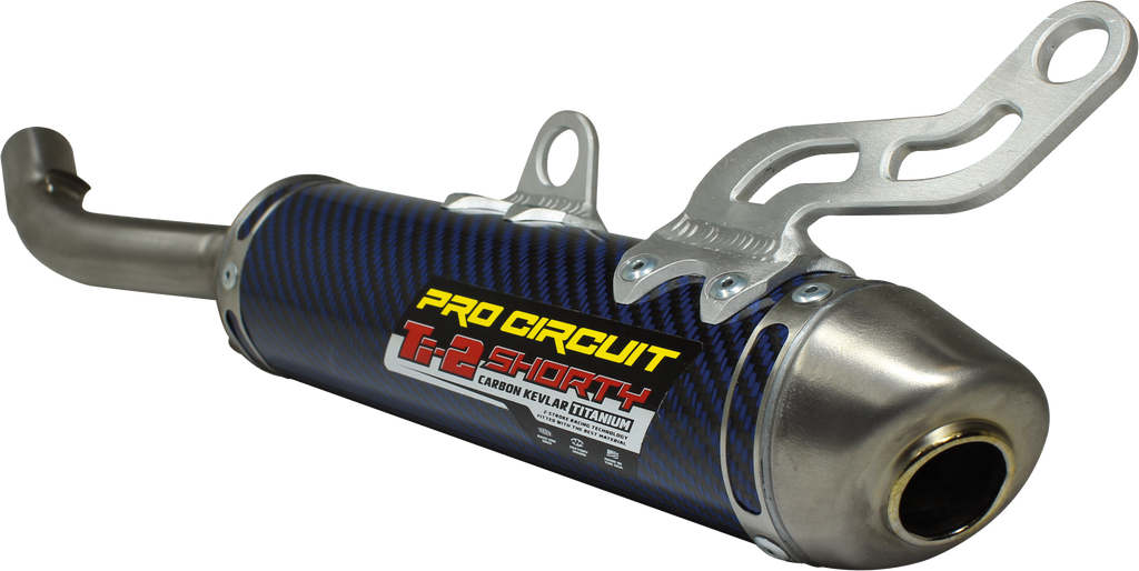 Pro Circuit Ti-2 R304 titanium and blue motorcycle exhaust silencer for Yamaha models, showcasing sleek titanium and blue finish.