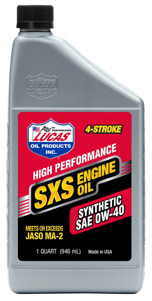 LUCAS Sxs Synthetic Oil 0W-40 4T, 1-quart bottle, motorcycle engine oil, packaged in a case of six bottles