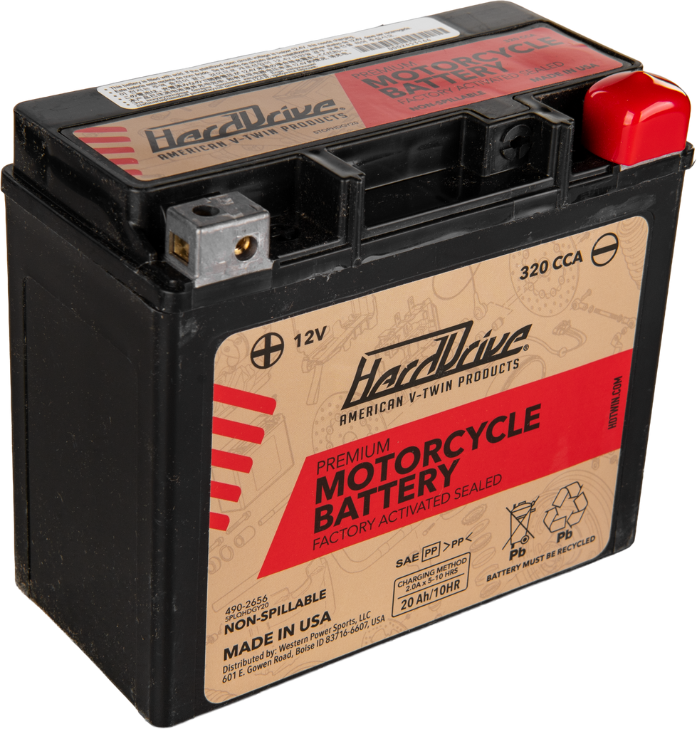 HardDrive Premium GYZ20H motorcycle battery with YTX20H model and 320 CCA, showing the battery's top view with terminals.