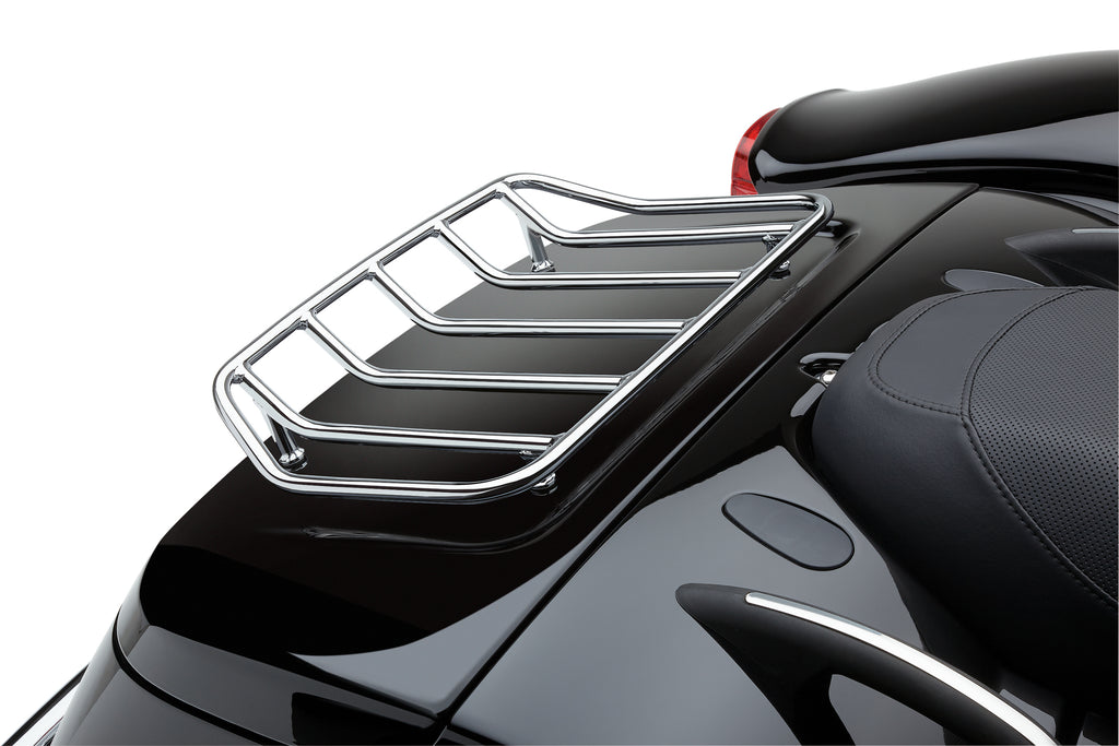 Cobra Chrome Freewheeler luggage rack for Harley Davidson 15-25, mounted on motorcycle with chrome finish and sturdy design