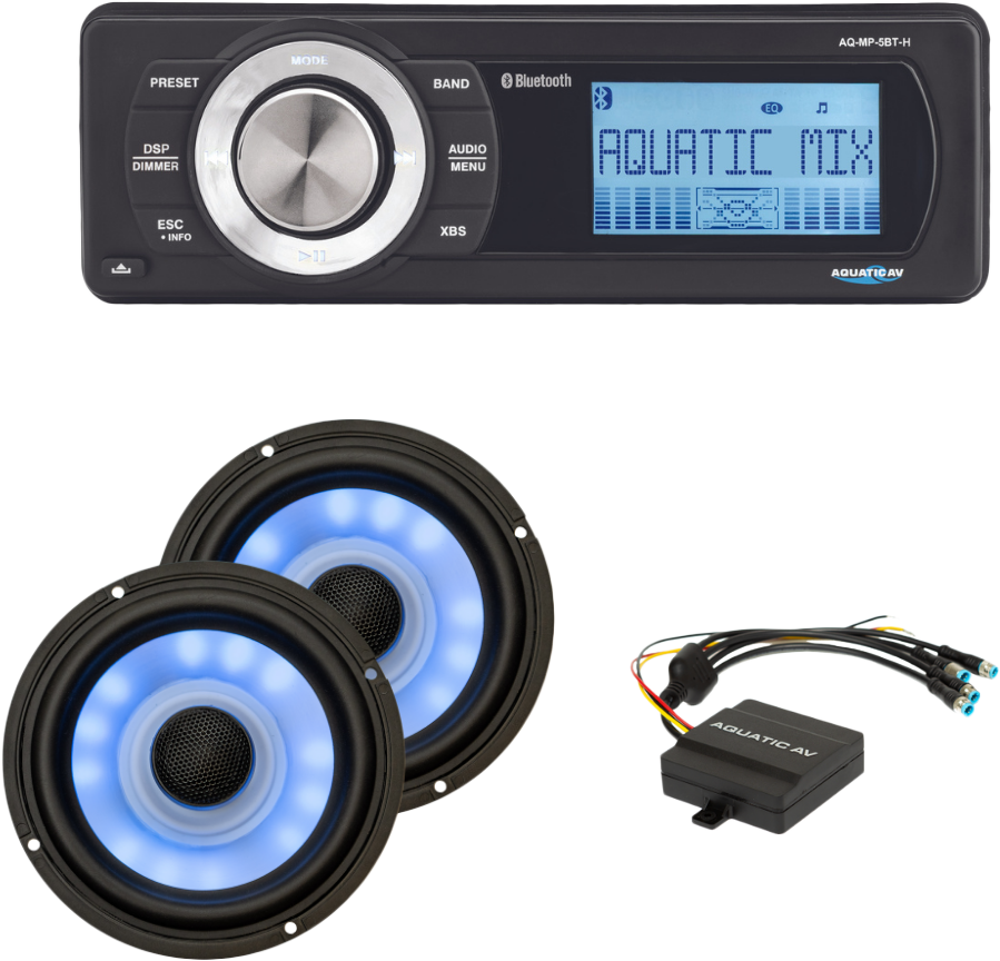 Aquatic AV Ultra RGB and stereo kit for boats, showing cables and connectors for audio, visual, and communication system installation.