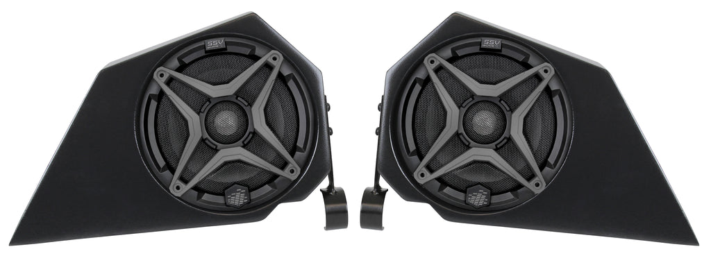 Pair of SSV Works Slingshot side speakers, black audio speakers mounted on a vehicle, designed for clear sound and durable outdoor use.