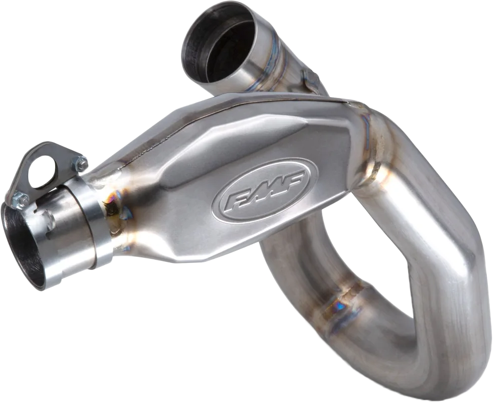 FMF Racing Ti Megabomb exhaust header with titanium finish, showcasing the lightweight, high-performance motorcycle exhaust component.