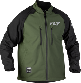 Fly Racing Patrol Jacket in forest green and black, front view showing lightweight, durable motorcycle jacket with logo details.