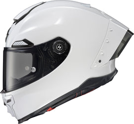White SCORPION EXO Apex Exo Warp full face helmet in size XL with aerodynamic design and secure strap.