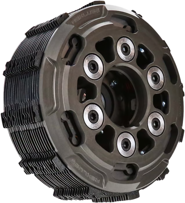 Rekluse Apex Clutch for Twin Cam 07-10 motorcycles, close-up of clutch assembly with metallic components and branding.