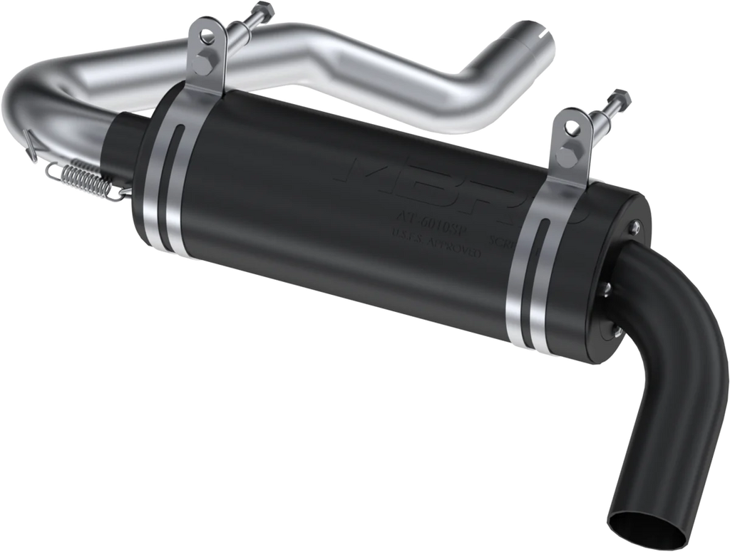 MBRP Exhaust single slip-on system with 4.25-inch black performance muffler, visible exhaust pipe and branded components.