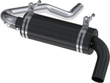 Load image into Gallery viewer, MBRP Exhaust single slip-on system with 4.25-inch black performance muffler, visible exhaust pipe and branded components.