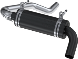 MBRP Exhaust single slip-on system with 4.25-inch black performance muffler, visible exhaust pipe and branded components.