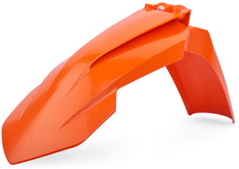 Polisport Plastics orange front fender for motorcycles, featuring a sleek design and mounting points for bike protection.